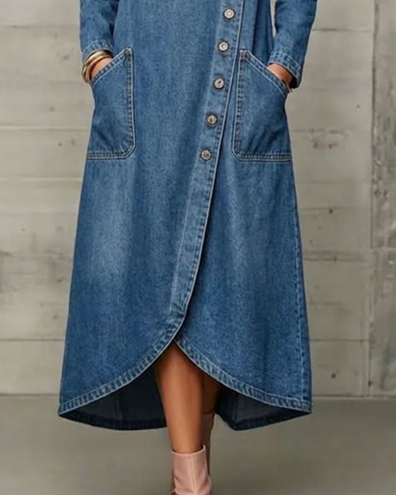 Robe Col Haut Bouton Poche