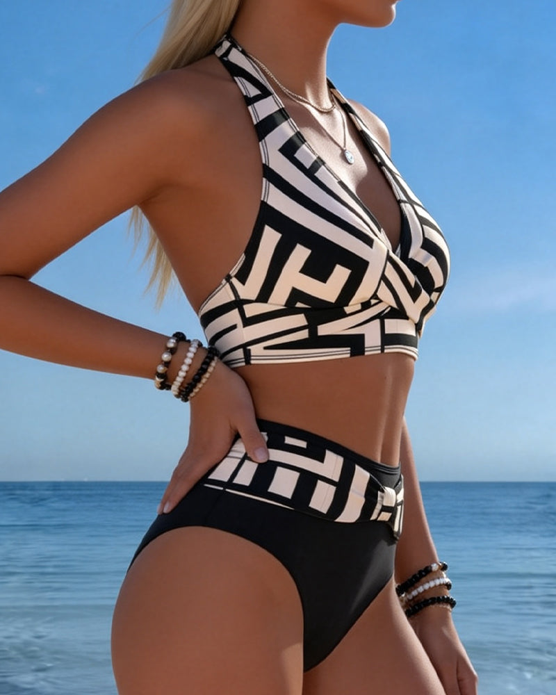 Bikini Géométrique Imprimé Taille Haute