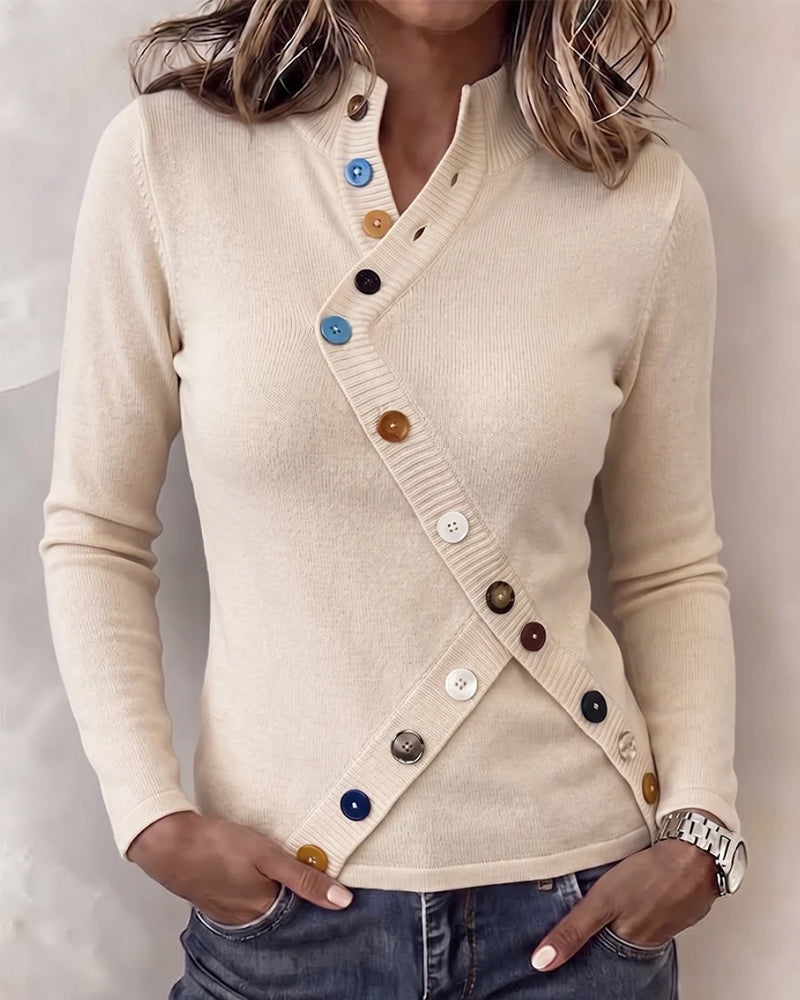 Pullover Col Mandarin Bloc De Couleur Bouton Asymétrique