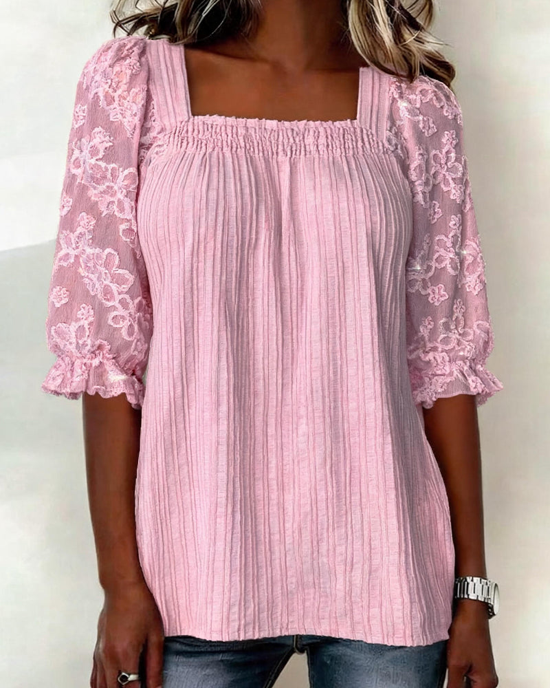 Blouse Décontractée Col Carré Manches Ballon Froncée