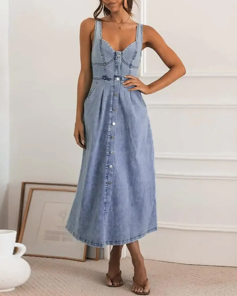 Robe Bretelle Spaghetti Bouton Taille Cintrée Denim