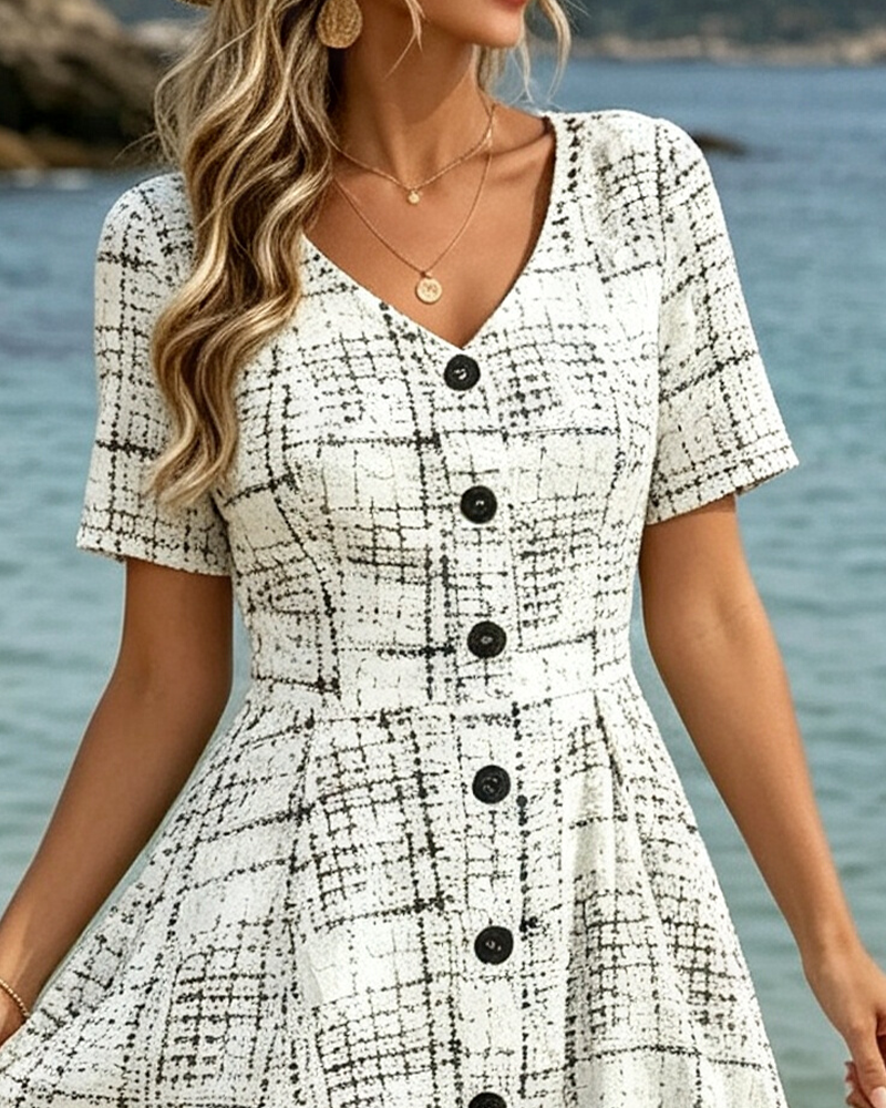Robe Col V Carreau Bouton Volant