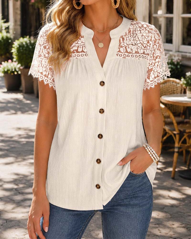 Blouse Col En V Bouton Dentelle Panneau