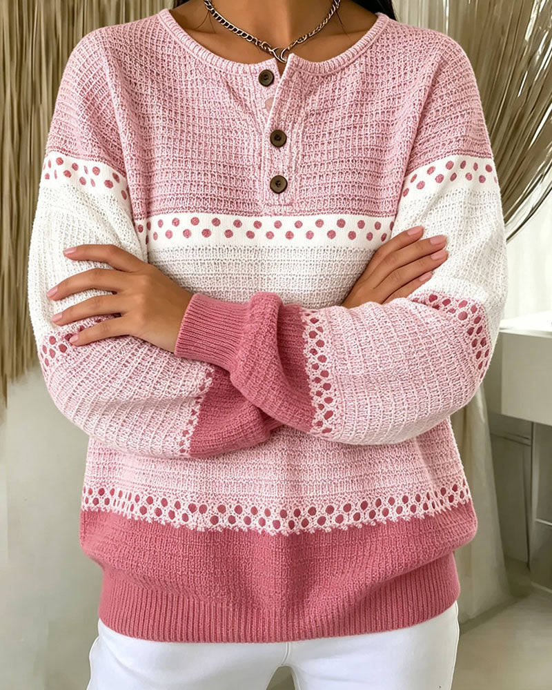 Sweatshirt Bloc De Couleur Tricot Gaufré Henley Pullover