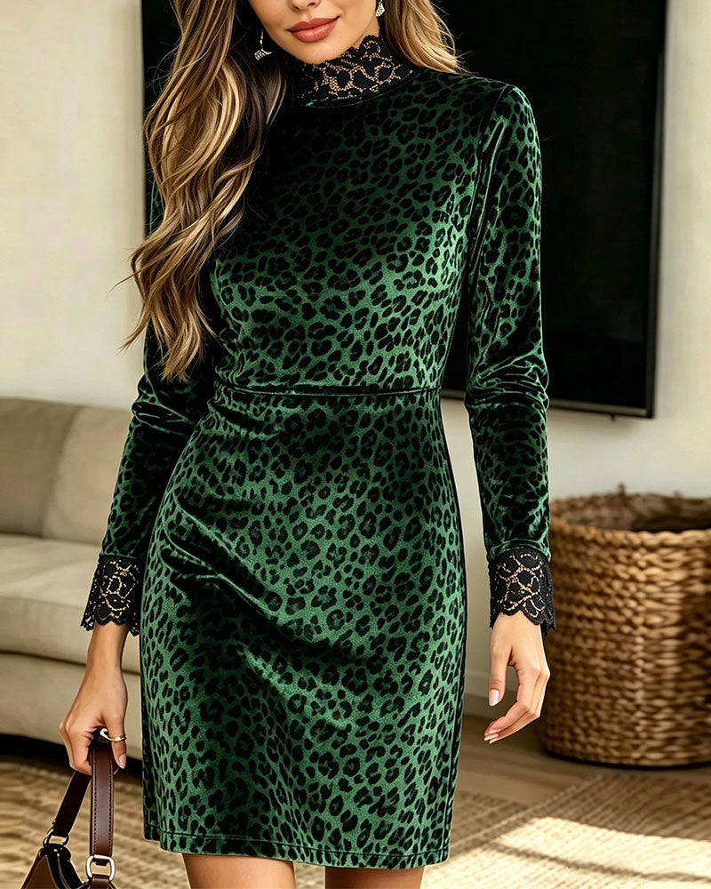 Robe Col Roulé Léopard Patchwork Décontractée