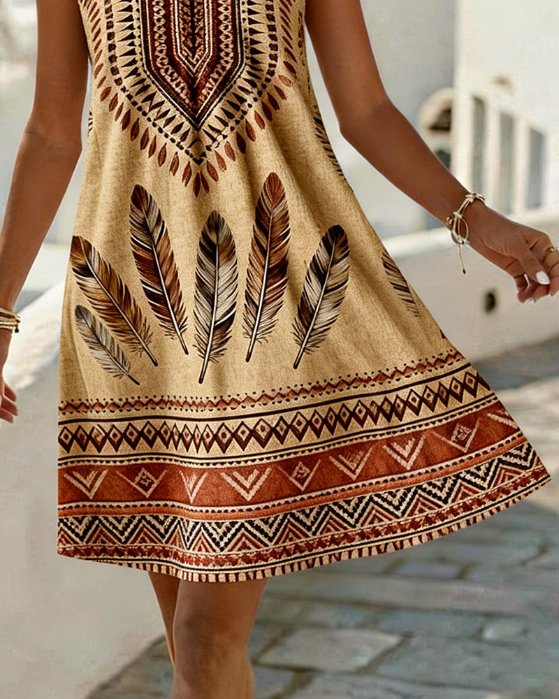 Robe Col-V Sans-Manches Imprimé Ethnique