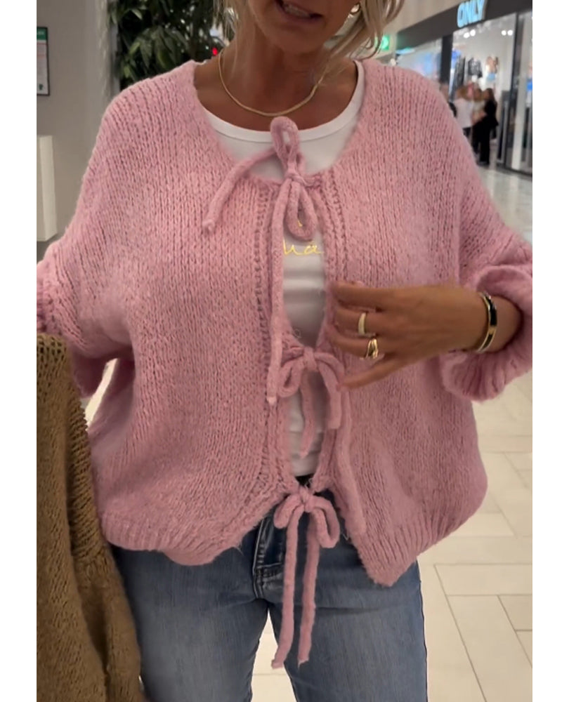 Cardigan décontracté à manches longues et lacets de couleur unie