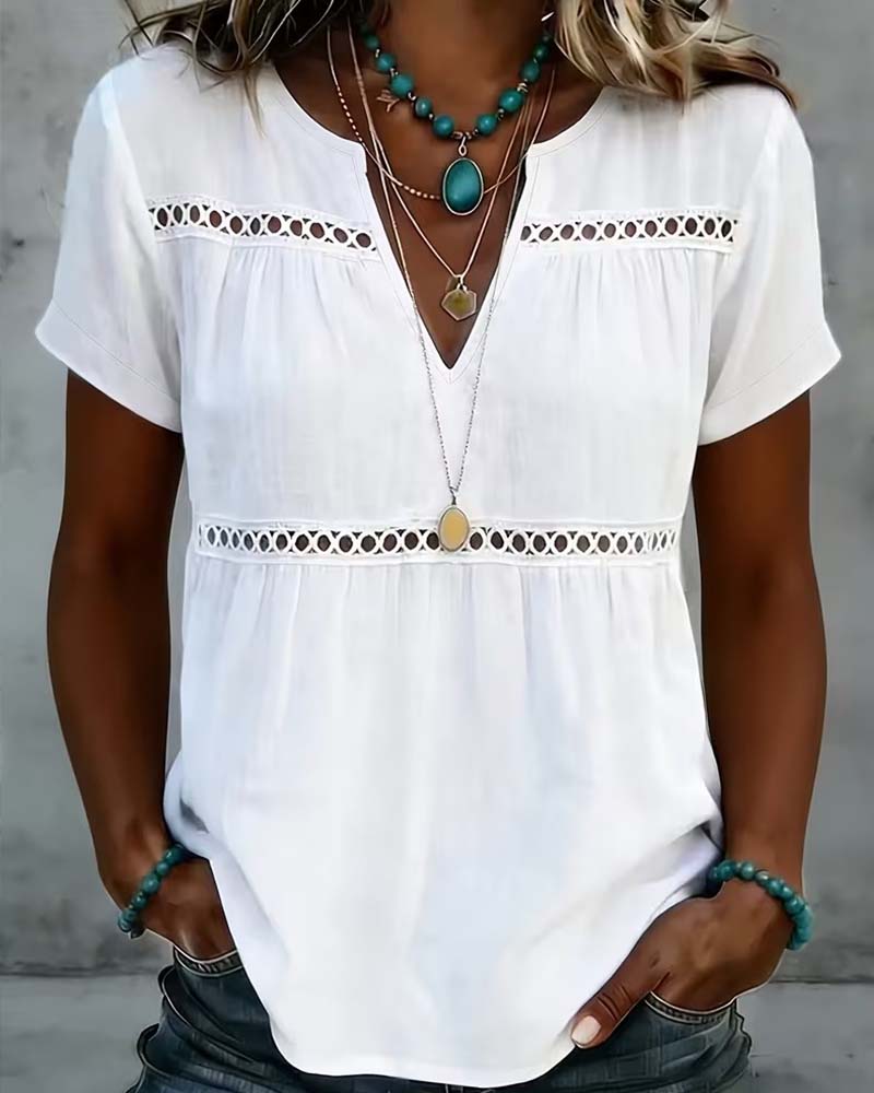Blouse Col V Évidé Unie