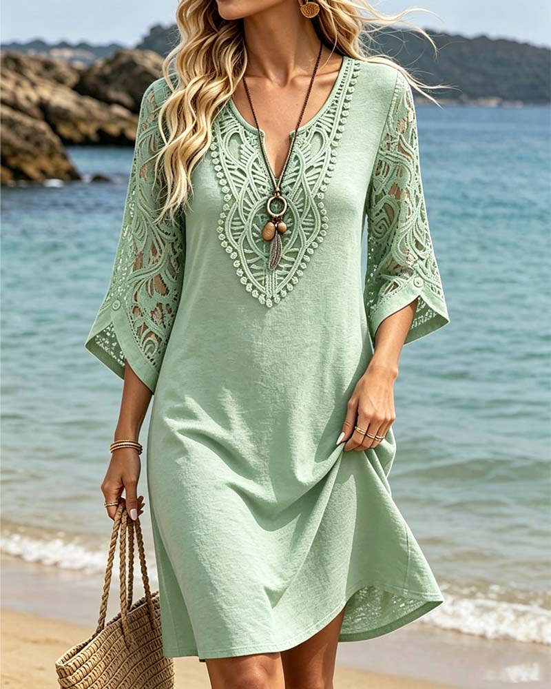 Robe Col-V Dentelle Uni