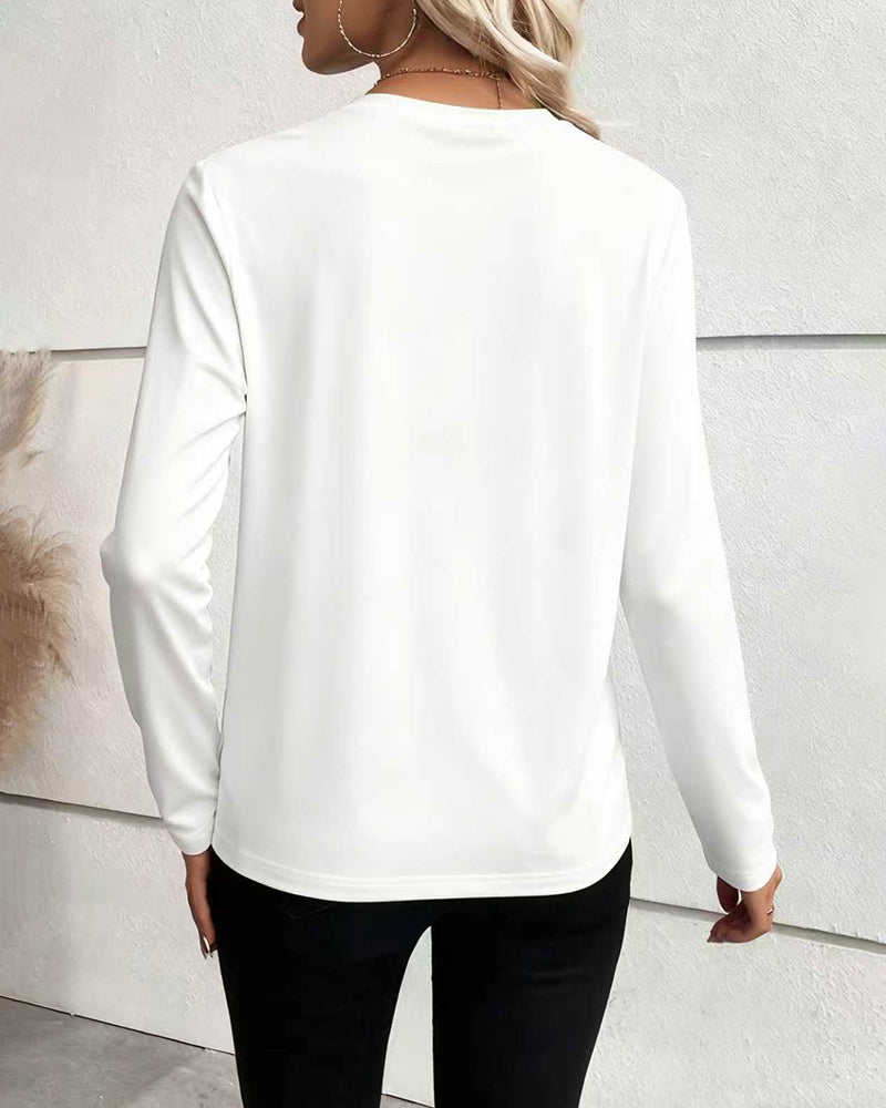 T-Shirt Irrégulier Faux Bouton Manches Longues