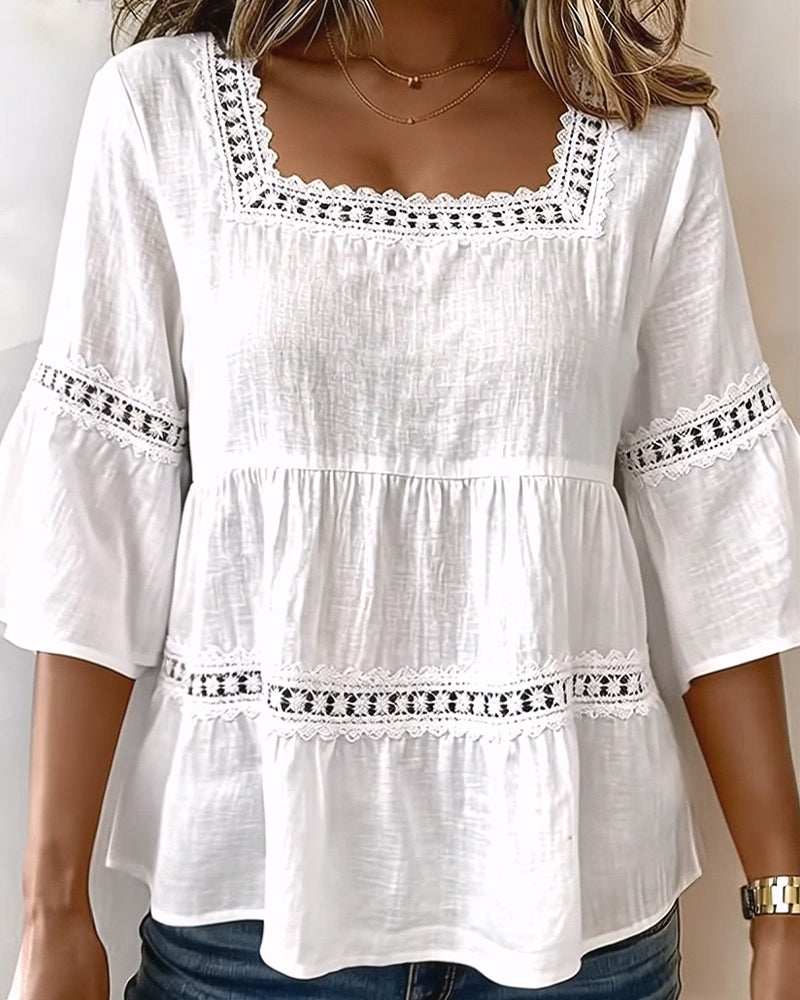 Blouse Manches Courtes Panneau En Dentelle Col Carré