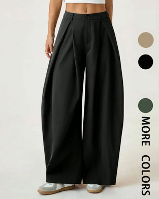 Pantalon Taille Haute Plissé Jambe Large