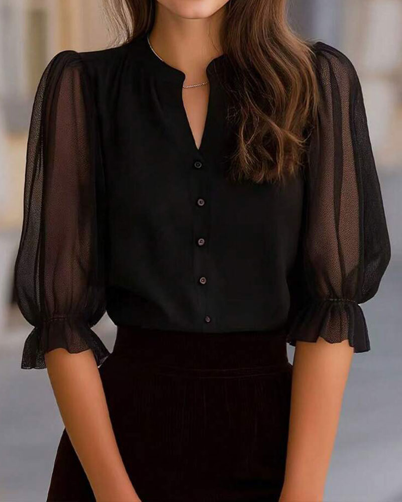 Blouse Col V Bouton Unie