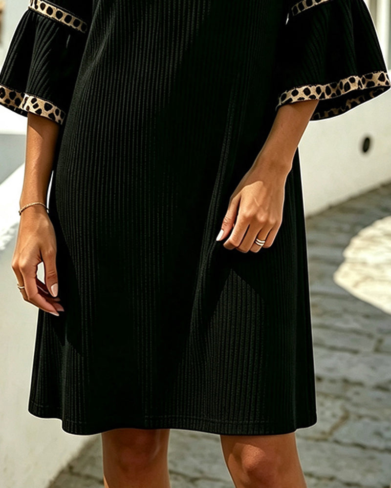 Robe Manche Évasée Côtelée Léopard