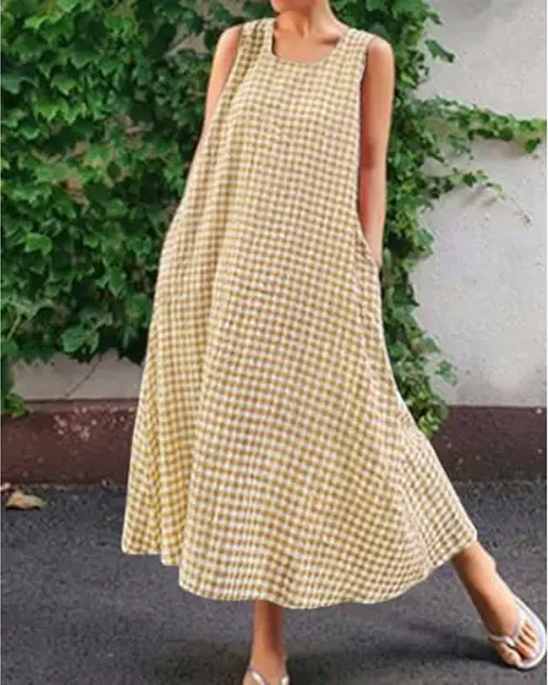 Robe À Carreaux Sans Manches Col Carré Maxi