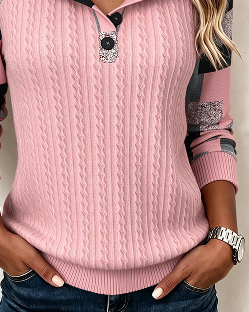 Sweat-Shirt Blocs De Couleurs Col Henley Manches Longues Boutonné