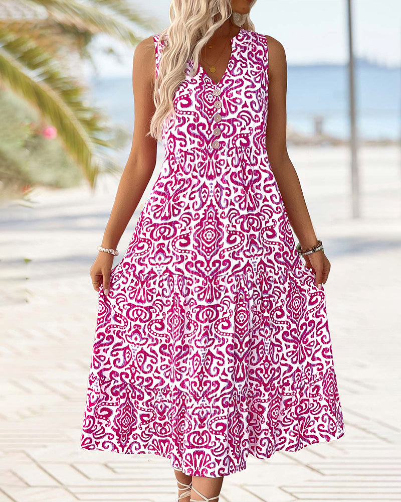 Robe Col V Bouton Sans Manches