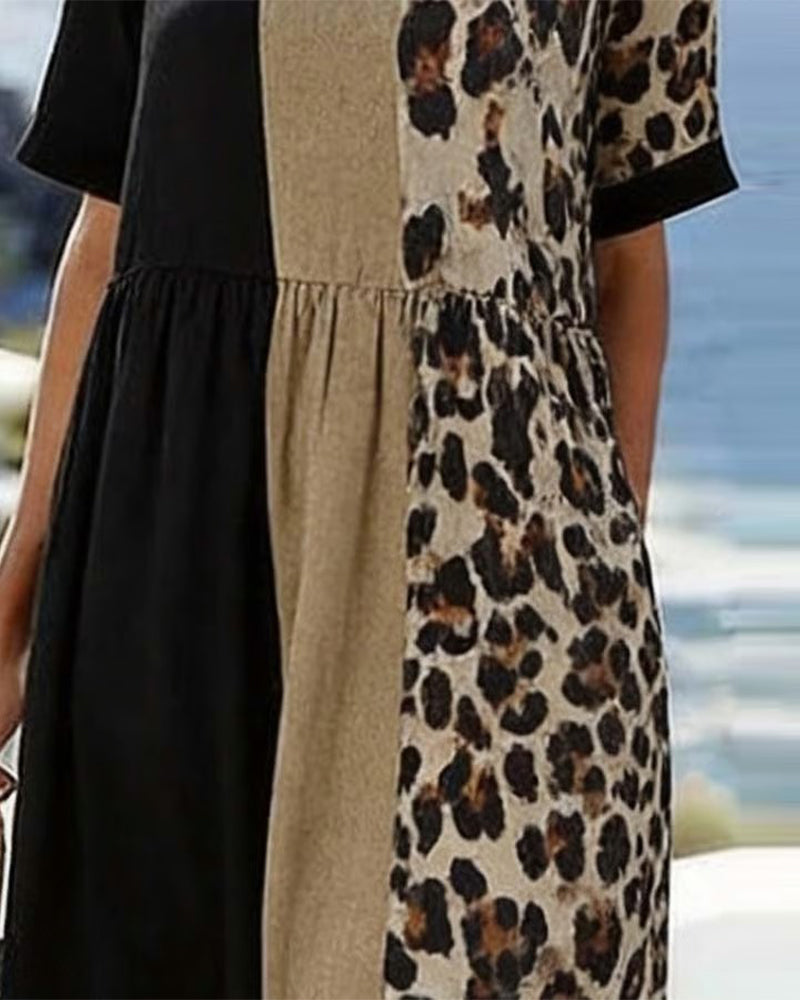 Robe Imprimé Léopard Patchwork Manches Courtes