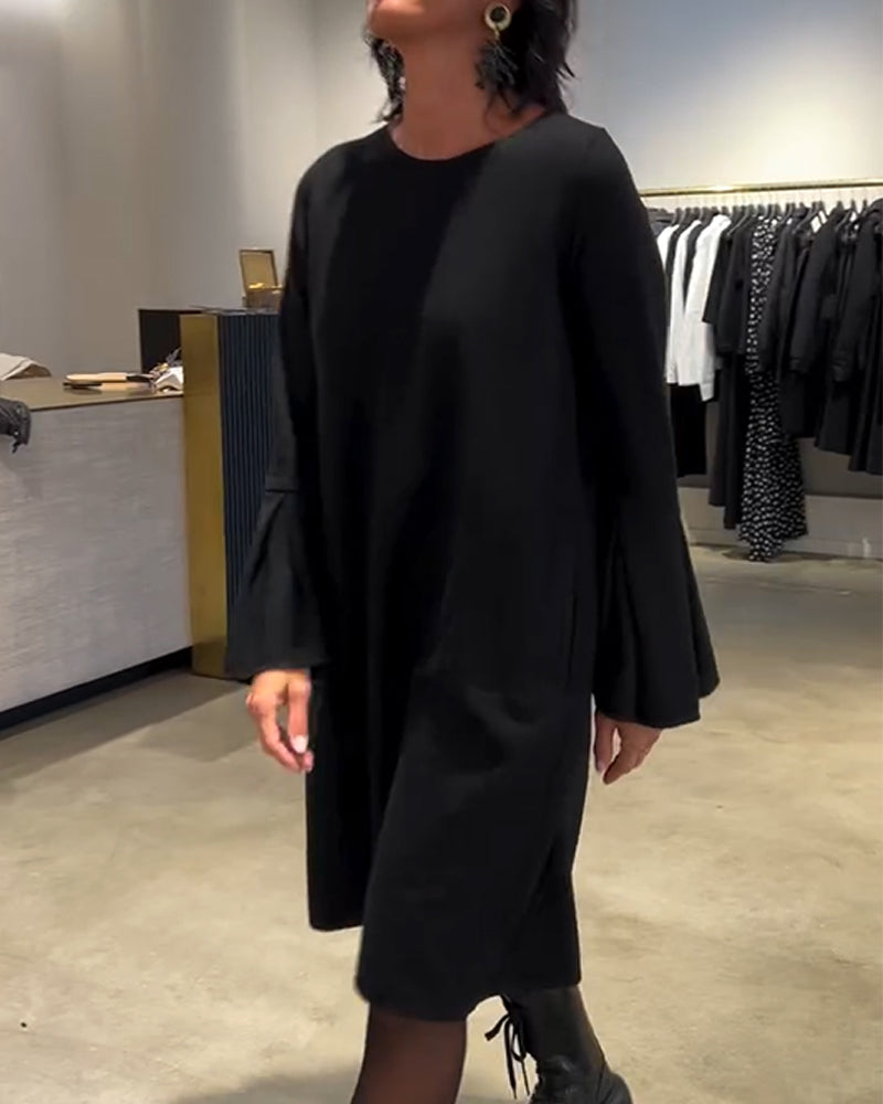 Robe Uni Manche Évasée Froncé