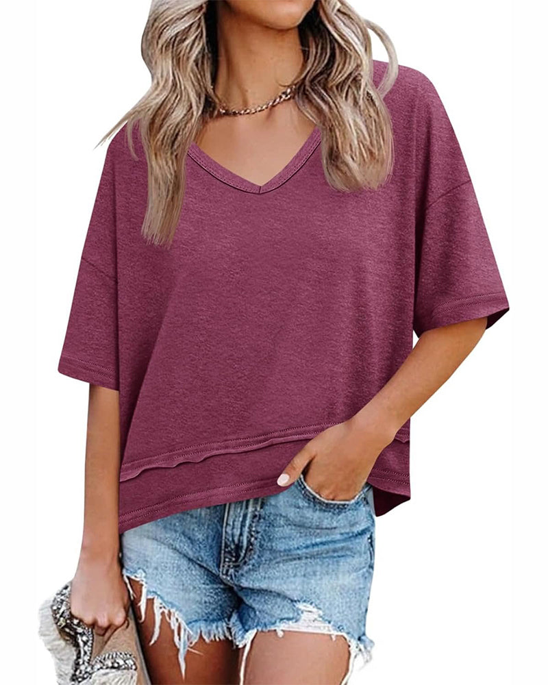 Blouse Unie Col En V Ourlet Patchwork