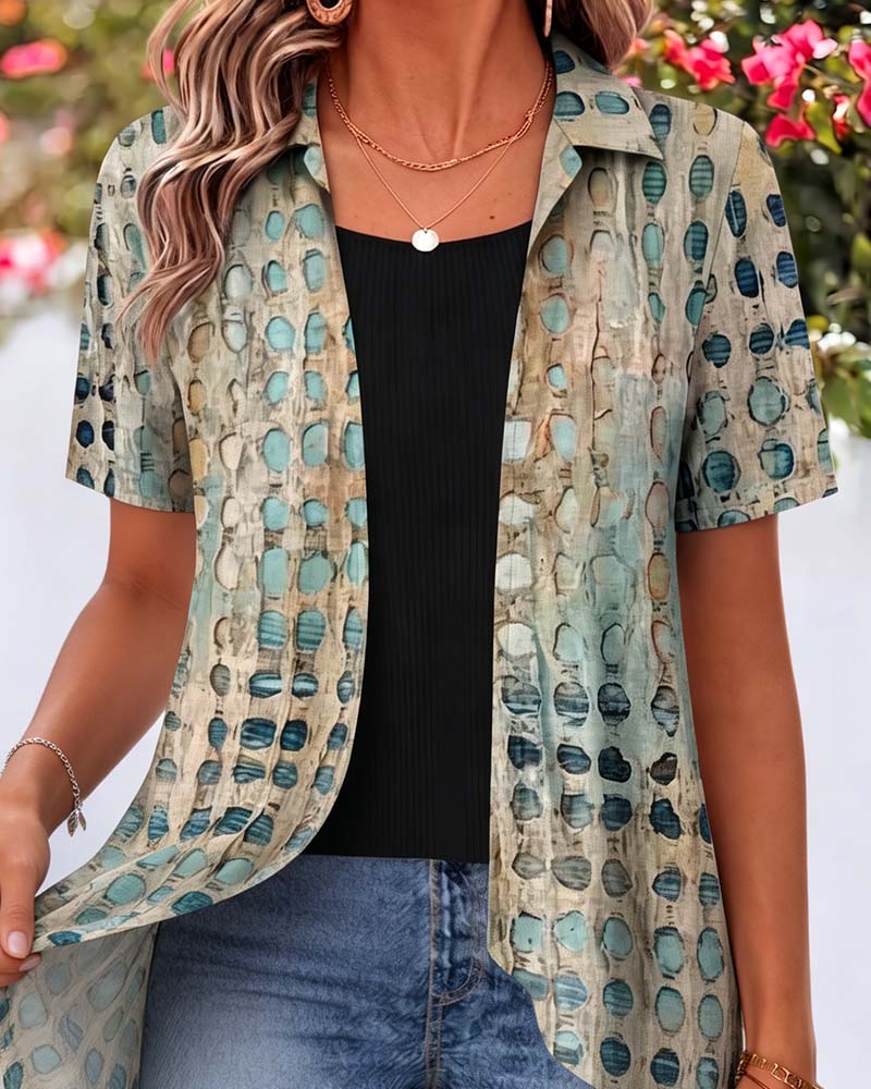 Blouse Vintage Polka Dot Revers Manche Courte