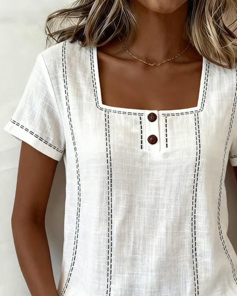 Blouse Petit Col Carré Uni Bouton