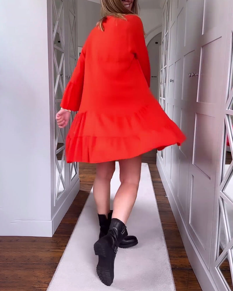 Robe patchwork évasée à manches longues et col en V de couleur unie