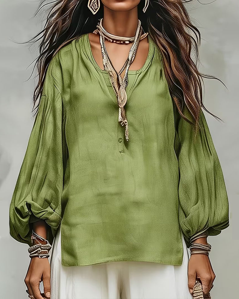 Blouse Décontractée Manche Lanterne Unie Coupe Loose