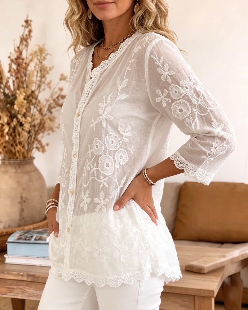 Blouse Décontractée Manches Mi-Longues Col En V