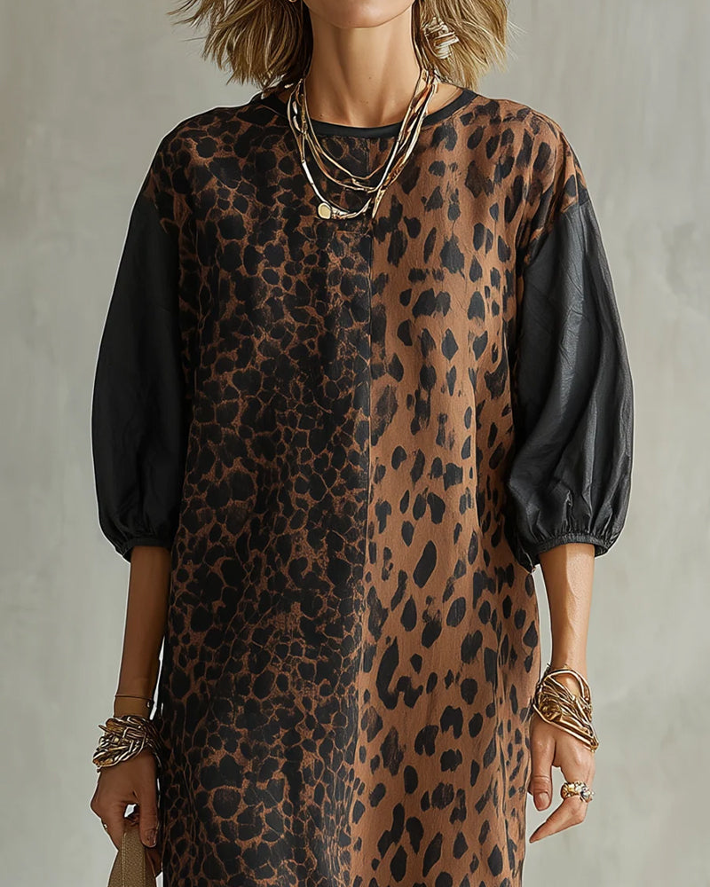 Robe Léopard Imprimé Bloc Couleur Manche Bouffante