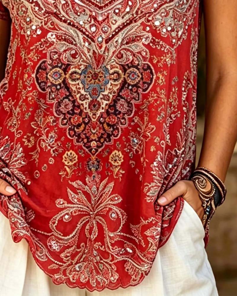 T-Shirt Boho Col V Imprimé Manche Courte