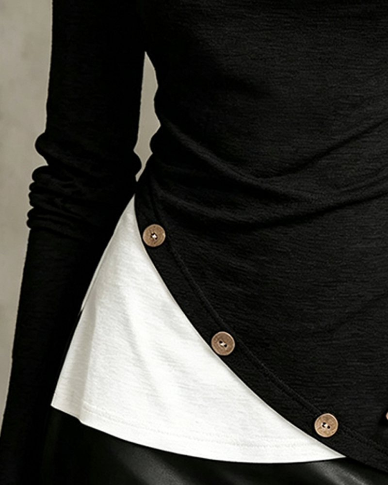 Haut Col V Couleur Contrastante Manches Longues