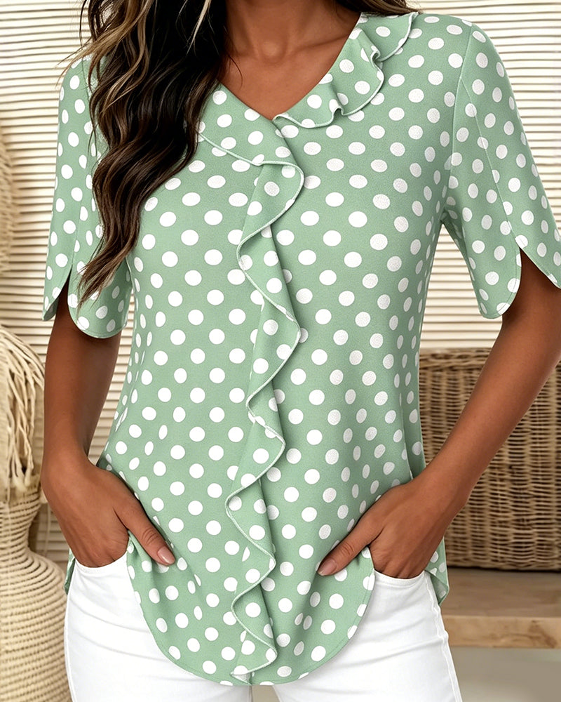 Blouse À Pois Volant Col En V