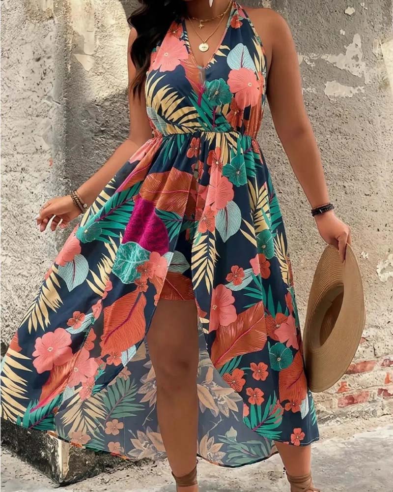 Set Col V Halter Robe Sans Manches + Short