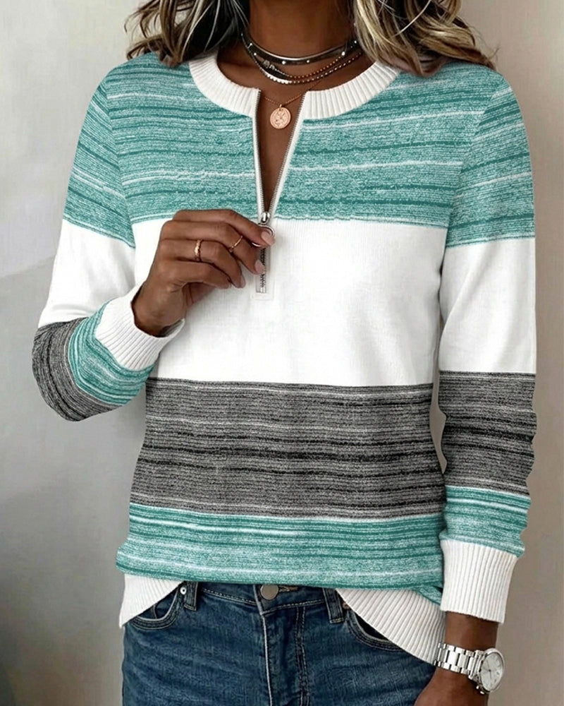 Sweatshirt À Col Rond Fermeture Éclair Rayé Contraste