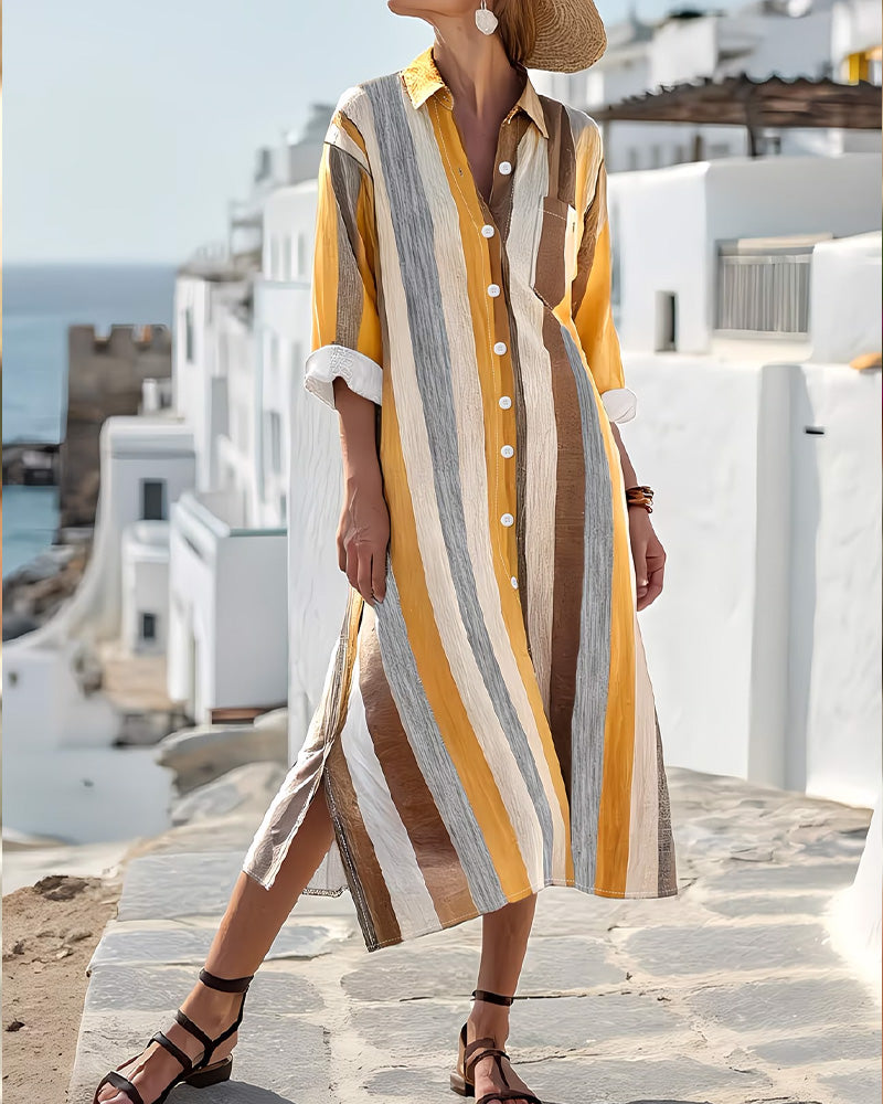 Robe Décontractée Rayée À Revers Longueur Midi