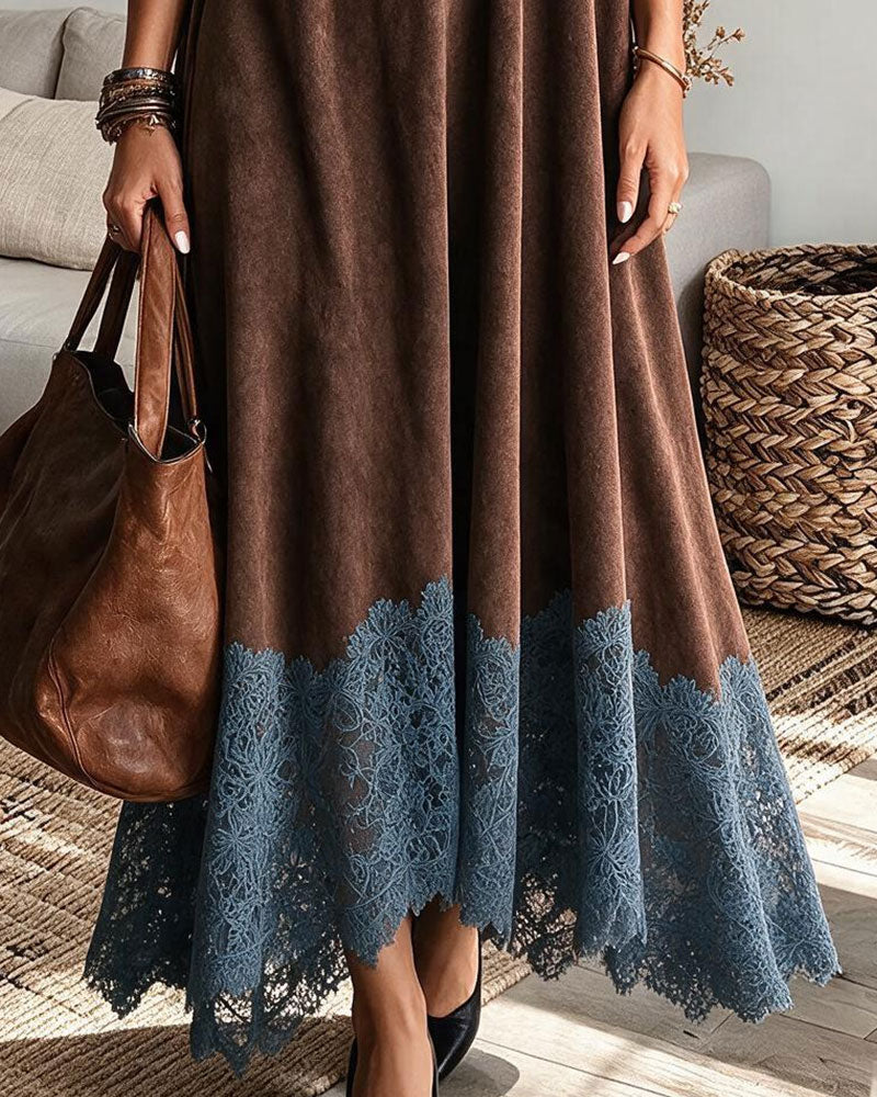 Robe Col Haut Loose Ourlet A Dentelle