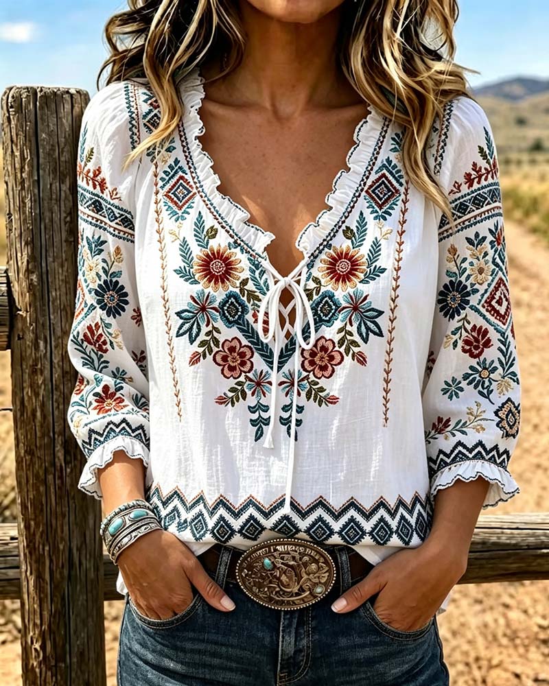 Blouse Col V Bohème Volant