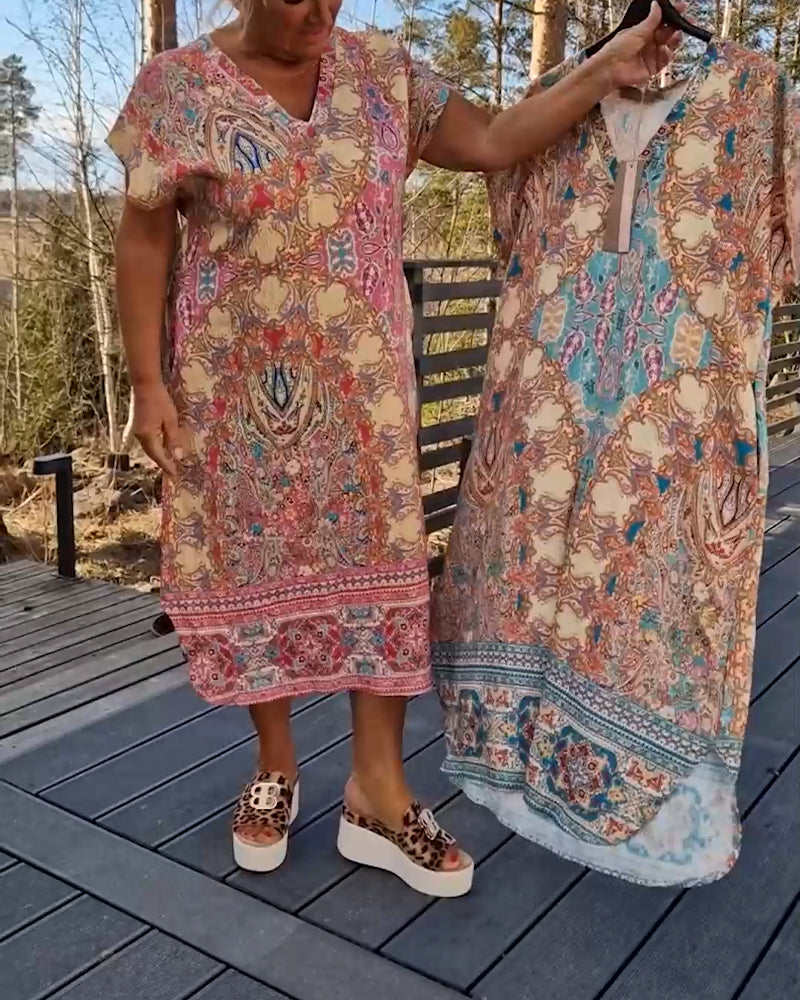 Robe Col En V Manches Courtes Imprimée Droite