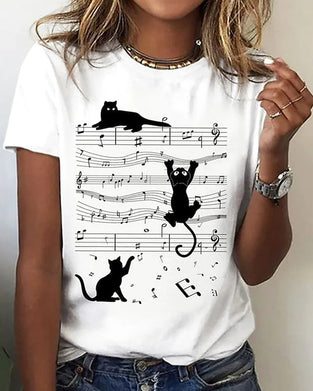 T-shirt col rond imprimé chat musical