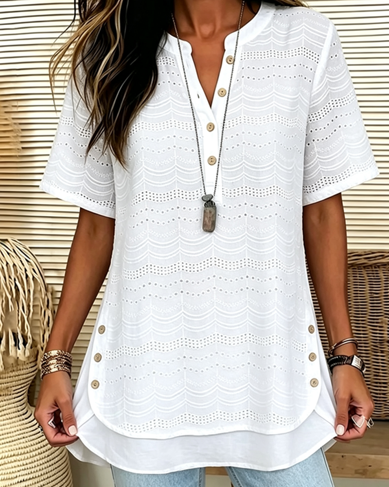 Blouse Unie Col V Bouton Évidé Haut