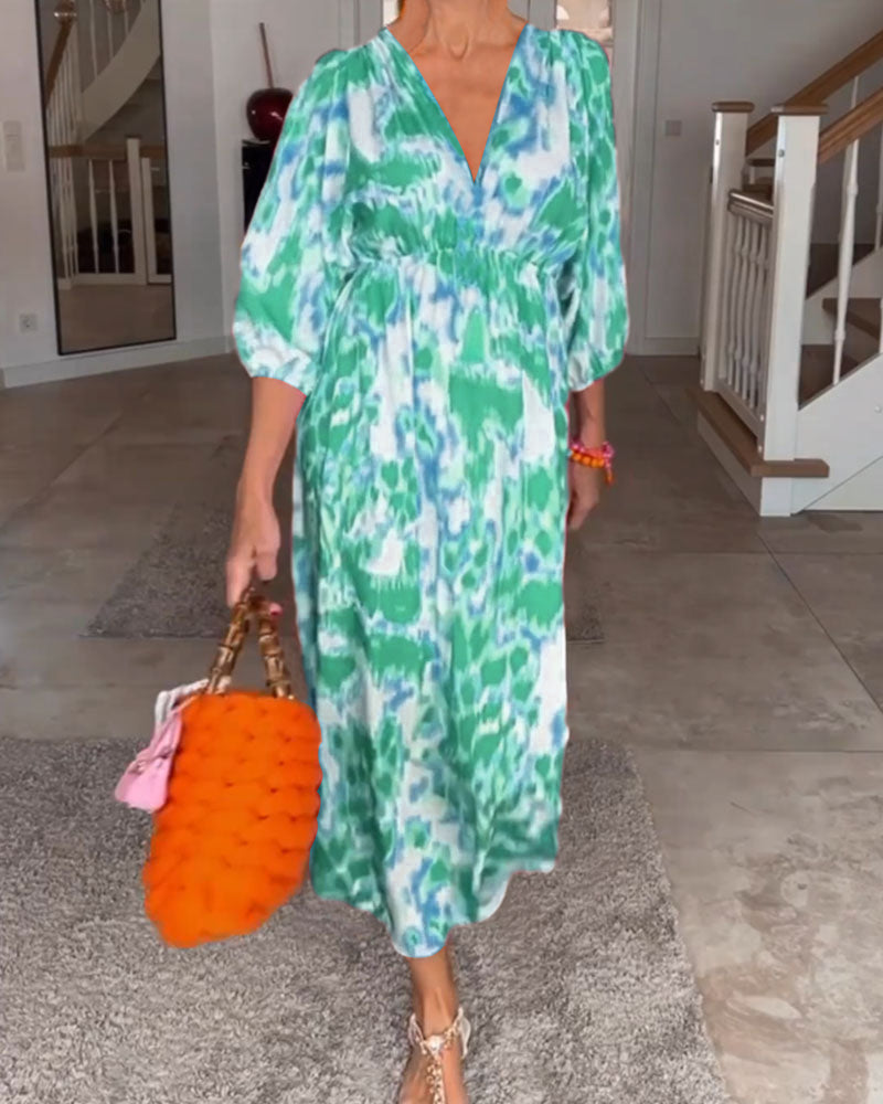 Robe à col en V à imprimé mode avec manches 3/4