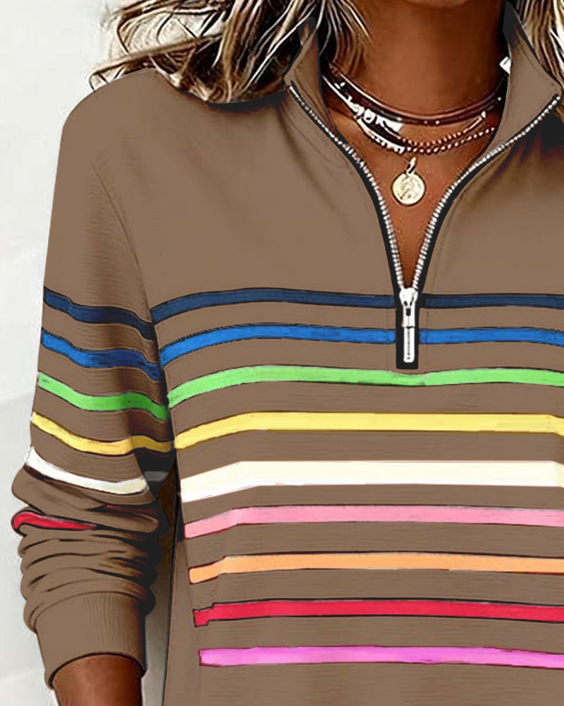 Sweat À Col Zippé À Moitié Avec Rayures Arc-En-Ciel Tendance