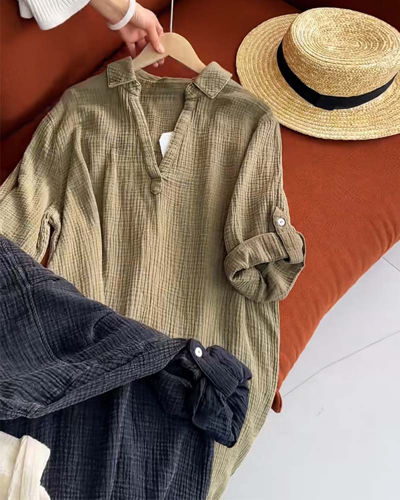 Robe Manches Longues Unie Simple Col Revers
