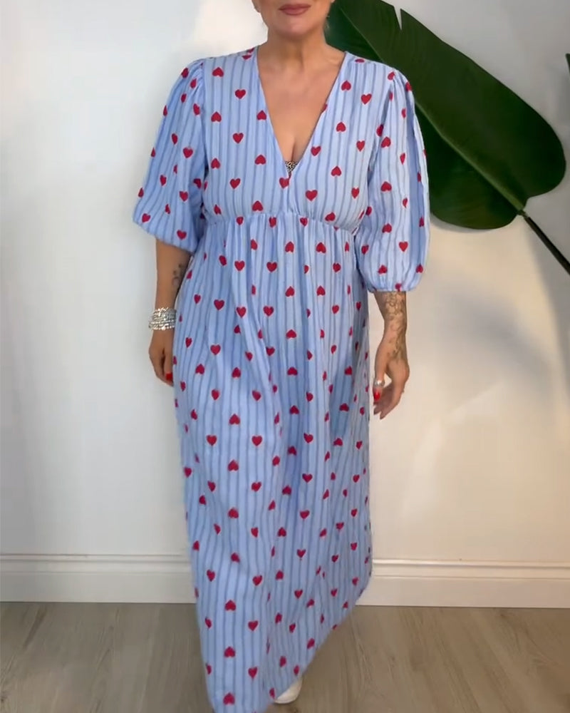 Robe Élégante Col En V Imprimé Cœur