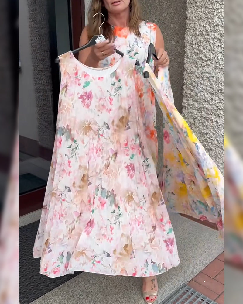 Robe Sans Manches Plissée Fleurie