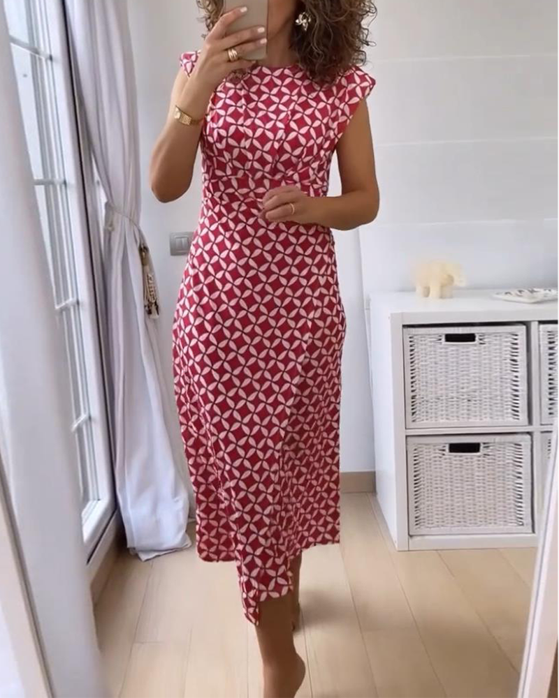 Robe élégante sans manches à col rond et imprimé géométrique