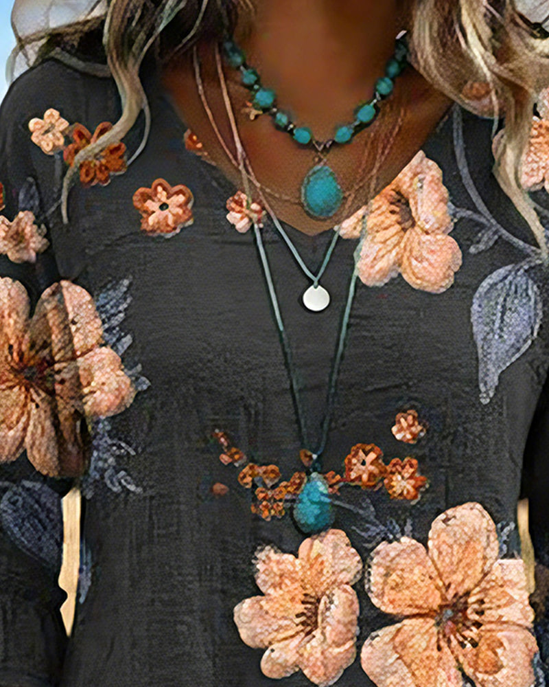 Blouse Col En V Vintage Fleuri Coupe Loose