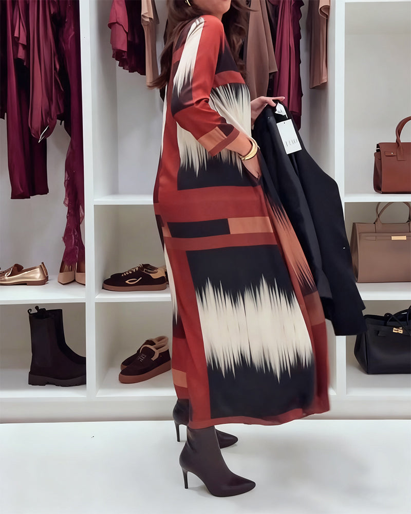 Robe Tendance Imprimée À Col Rond Et Manches Longues