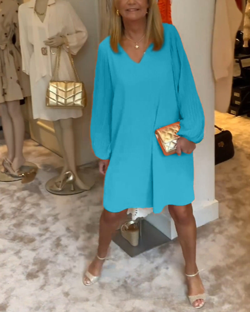 Robe col en V à manches lanternes de couleur unie